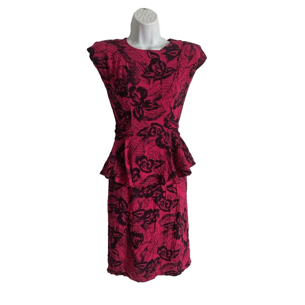 Vintage 90s Joni Blair Pink Floral Fit Flare Dress Sz 7 Ruffle Cap Sleeve Rayon
